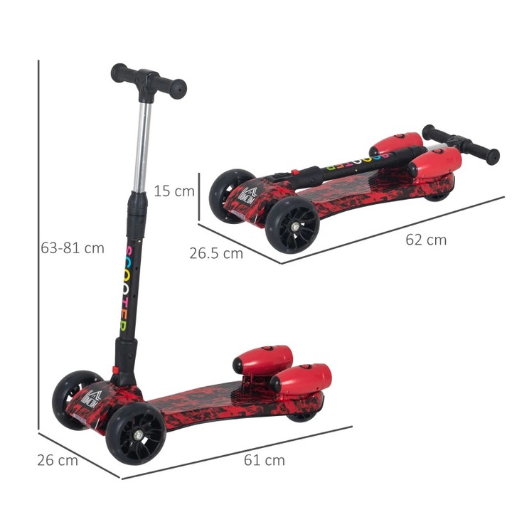 Trotineta pentru Copii cu Efect de Fum, Lumini LED Multicolore si 3 Roti Late pentru Stabilitate, Ghidon Reglabil pe Inaltime, Platforma Antiderapanta, Design Sport Rosu-Negru, pentru Baieti si Fete - imagine 4