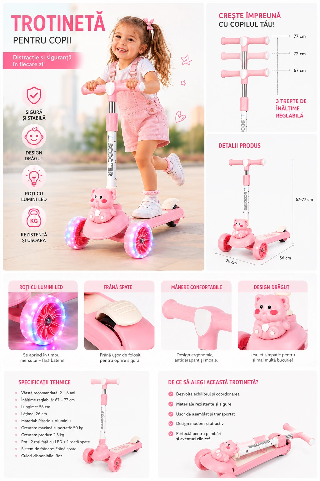Trotinetă pentru Copii cu Lumini LED, 3 Roți Ghidon Reglabil și Frână Spate cu Ursuleț, Antiderapantă, Stabilă și Ușoară, pentru Fete, 2-6 Ani - imagine 4