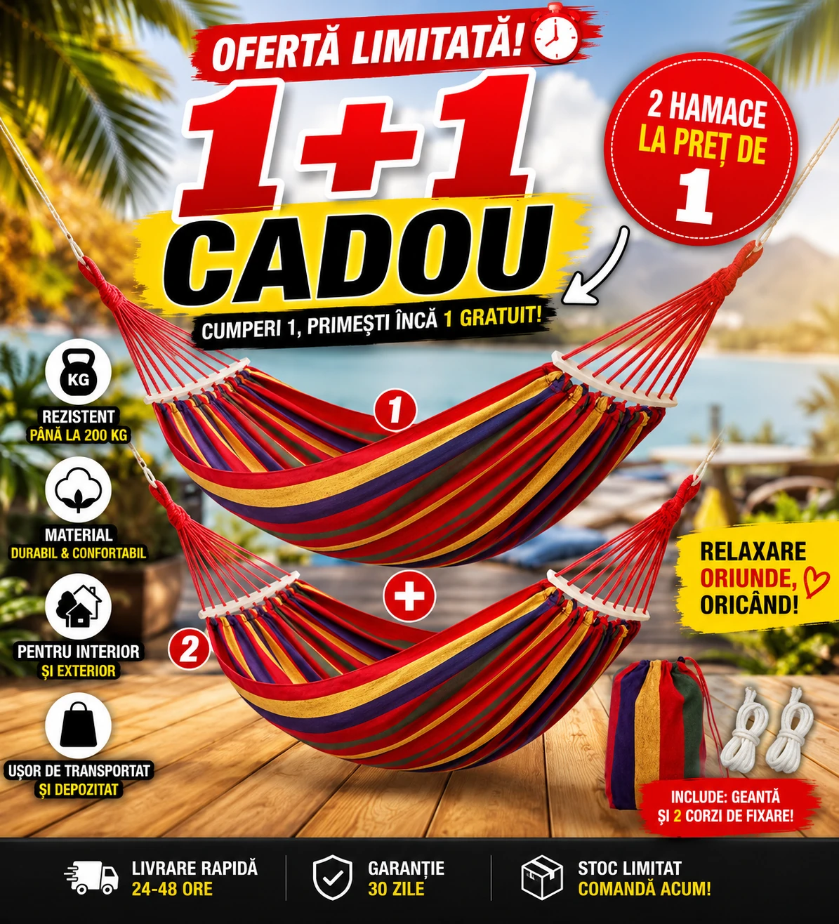 1+1 GRATIS Hamac Suspendat Cu Bara de Lemn, 80×200 cm pentru Grădină, Terasă și Camping Rezistență 150 kg, Confort Maxim - imagine 3