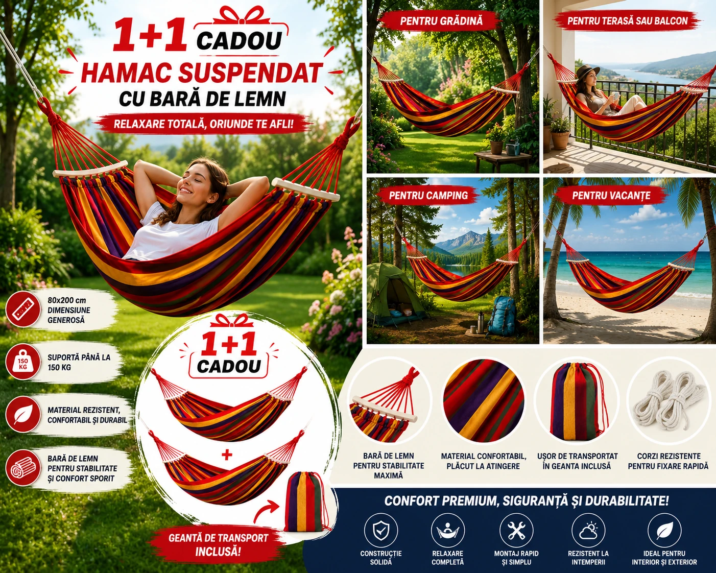 1+1 GRATIS Hamac Suspendat Cu Bara de Lemn, 80×200 cm pentru Grădină, Terasă și Camping Rezistență 150 kg, Confort Maxim - imagine 2