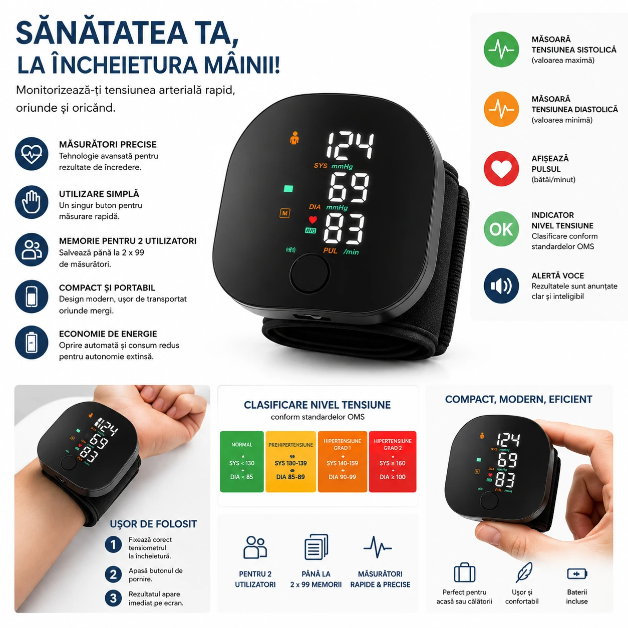 1+1 GRATIS Tensiometru Digital de Încheietură Inteligent cu Ecran LED, Măsurare Tensiune Arterială și Puls, Indicator Hipertensiune, Memorie 2 Utilizatori, Alertă Vocală, Compact și Portabil, Negru - imagine 2
