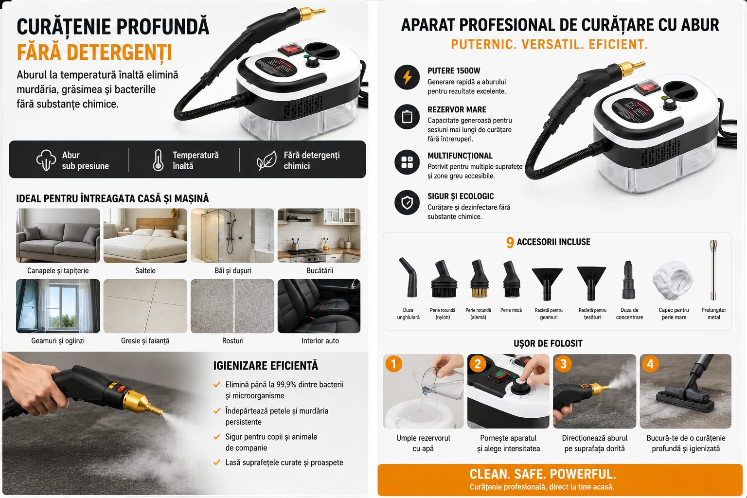 Aparat Profesional de Curățare cu Abur Sub Presiune 1500W Curățitor Multifuncțional pentru Casă și Auto, Temperatură Înaltă, Rezervor Mare de Apă, 9 Accesorii Complete, Curățare și Dezinfectare Fără Detergenți, pentru Canapele, Saltele, Băi, Bucătării, Geamuri, Gresie, Rosturi, Tapițerie și Interior Auto - imagine 2