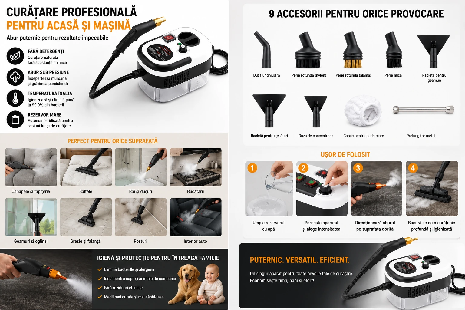 Aparat Profesional de Curățare cu Abur Sub Presiune 1500W Curățitor Multifuncțional pentru Casă și Auto, Temperatură Înaltă, Rezervor Mare de Apă, 9 Accesorii Complete, Curățare și Dezinfectare Fără Detergenți, pentru Canapele, Saltele, Băi, Bucătării, Geamuri, Gresie, Rosturi, Tapițerie și Interior Auto - imagine 3