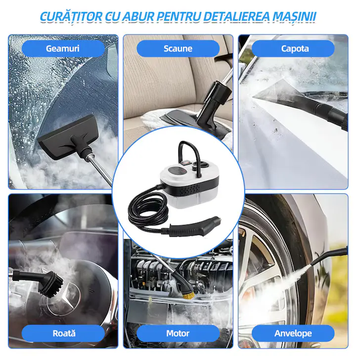 Aparat Profesional de Curățare cu Abur Sub Presiune 1500W Curățitor Multifuncțional pentru Casă și Auto, Temperatură Înaltă, Rezervor Mare de Apă, 9 Accesorii Complete, Curățare și Dezinfectare Fără Detergenți, pentru Canapele, Saltele, Băi, Bucătării, Geamuri, Gresie, Rosturi, Tapițerie și Interior Auto - imagine 4