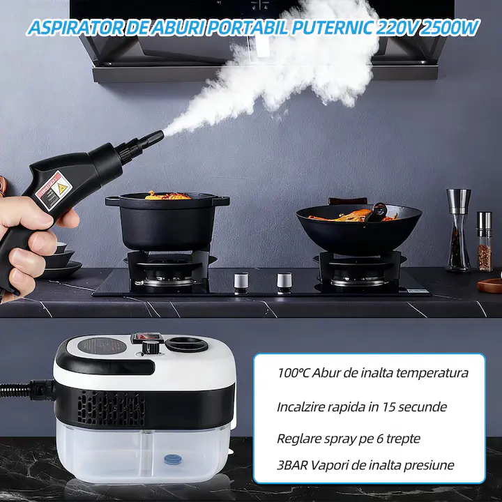 Aparat Profesional de Curățare cu Abur Sub Presiune 1500W Curățitor Multifuncțional pentru Casă și Auto, Temperatură Înaltă, Rezervor Mare de Apă, 9 Accesorii Complete, Curățare și Dezinfectare Fără Detergenți, pentru Canapele, Saltele, Băi, Bucătării, Geamuri, Gresie, Rosturi, Tapițerie și Interior Auto - imagine 5
