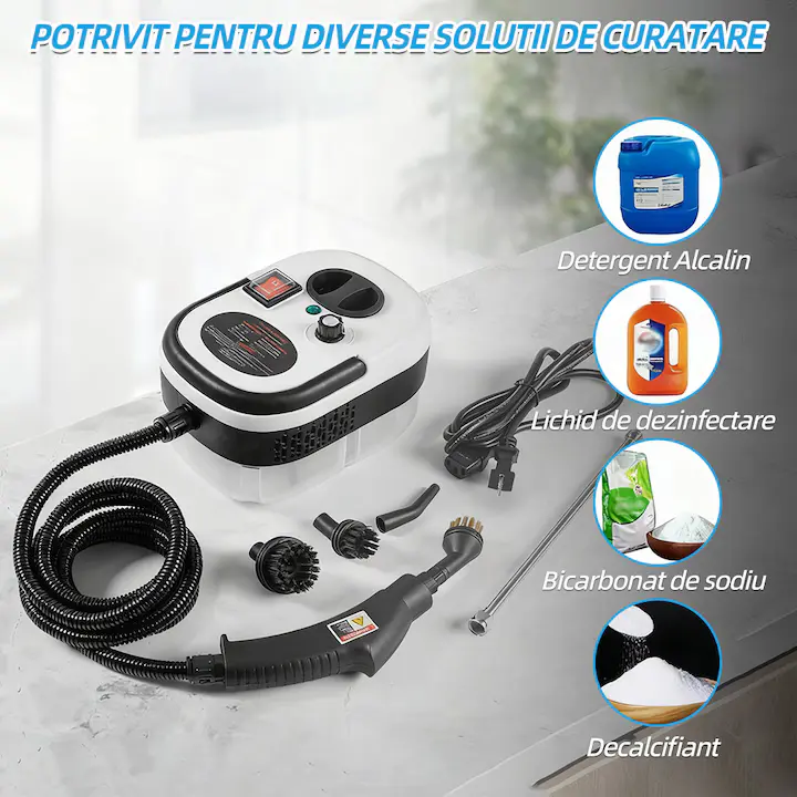 Aparat Profesional de Curățare cu Abur Sub Presiune 1500W Curățitor Multifuncțional pentru Casă și Auto, Temperatură Înaltă, Rezervor Mare de Apă, 9 Accesorii Complete, Curățare și Dezinfectare Fără Detergenți, pentru Canapele, Saltele, Băi, Bucătării, Geamuri, Gresie, Rosturi, Tapițerie și Interior Auto - imagine 8