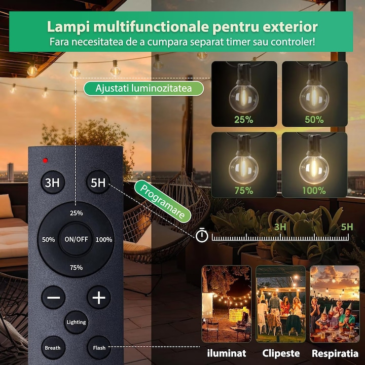 Ghirlanda Luminoasa solara Lumina Alb cald, 10M, Interconectabila, 4 Moduri de Iluminare, Becuri LED, Telecomanda inclusa, Rezistenta la Apa - imagine 7