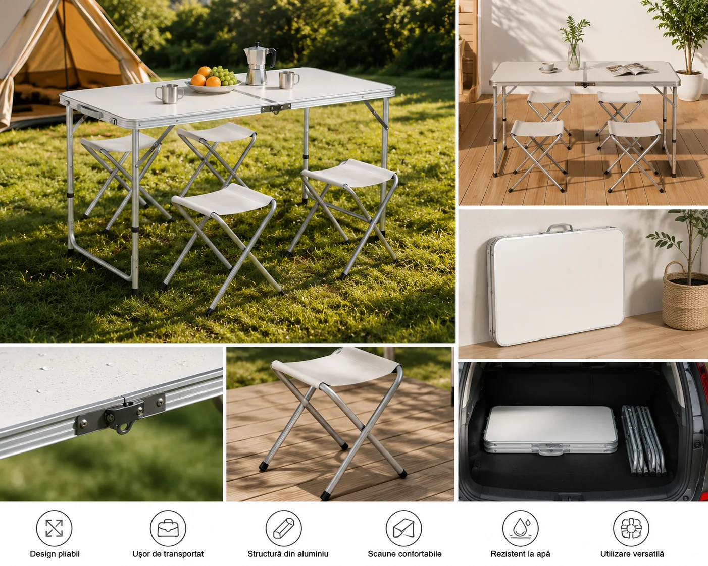 Masă Camping Pliabilă Premium cu 4 Scaune Incluse, Set Portabil din Aluminiu pentru 4 Persoane, Ideal pentru Picnic, Grădină, Terasă, Pescuit, Excursii și Activități în Aer Liber - imagine 2