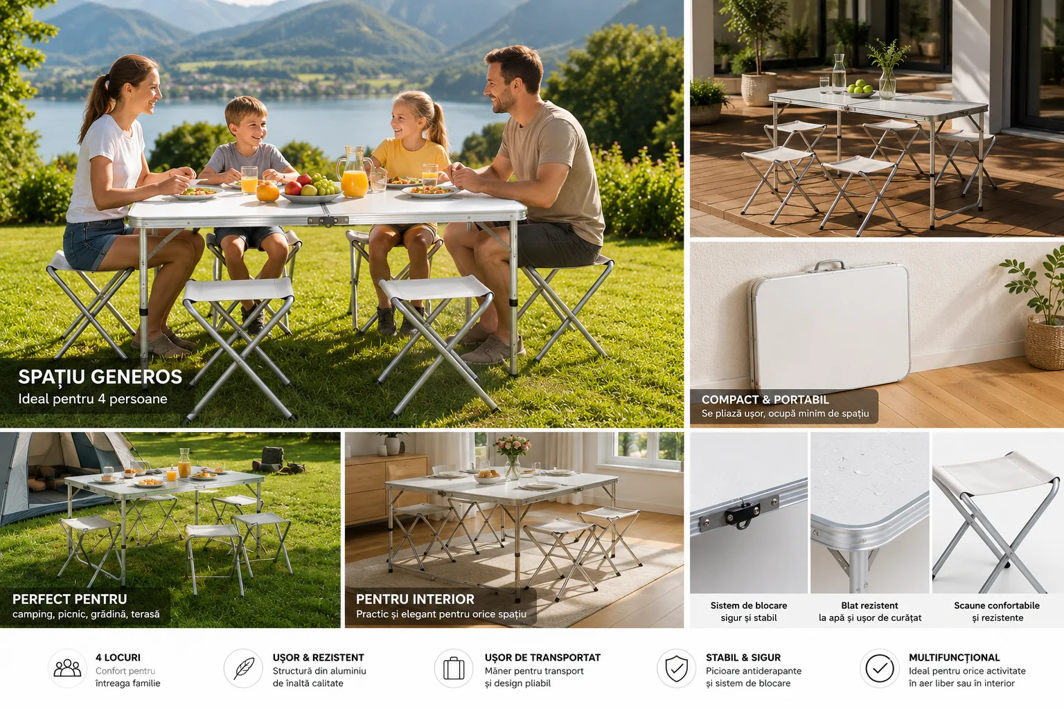 Masă Camping Pliabilă Premium cu 4 Scaune Incluse, Set Portabil din Aluminiu pentru 4 Persoane, Ideal pentru Picnic, Grădină, Terasă, Pescuit, Excursii și Activități în Aer Liber - imagine 3