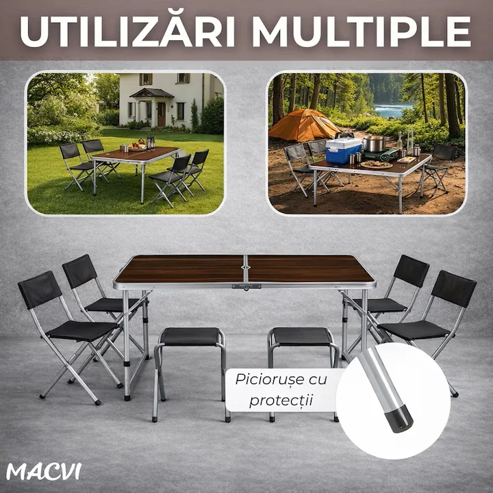 Masă Camping Pliabilă Premium cu 4 Scaune Incluse, Set Portabil din Aluminiu pentru 4 Persoane, Ideal pentru Picnic, Grădină, Terasă, Pescuit, Excursii și Activități în Aer Liber - imagine 8