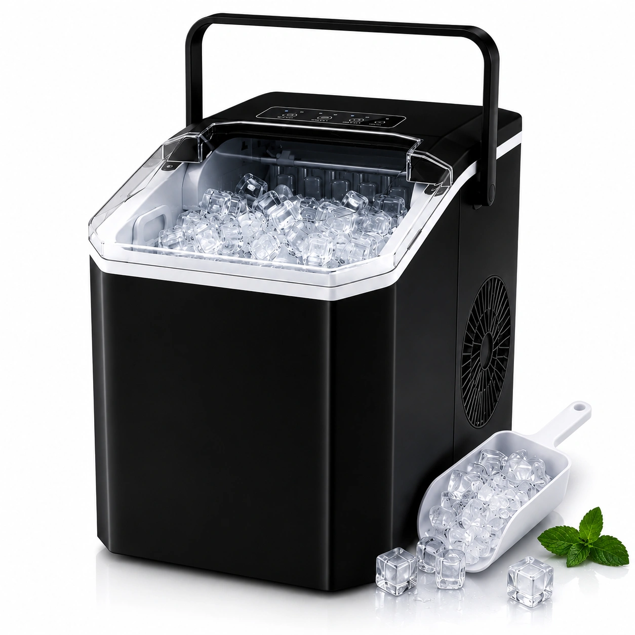 Mașină de făcut cuburi de gheață portabilă, 12 kg/24h, producție rapidă în 6-8 minute, capacitate 1.3 kg, rezervor mare de apă, operare silențioasă, panou tactil, autocurățare, consum redus de energie, ideală pentru casă, birou, camping și petreceri