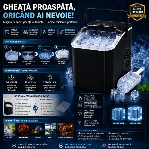 Mașină de făcut cuburi de gheață portabilă, 12 kg/24h, producție rapidă în 6-8 minute, capacitate 1.3 kg, rezervor mare de apă, operare silențioasă, panou tactil, autocurățare, consum redus de energie, ideală pentru casă, birou, camping și petreceri - imagine 2