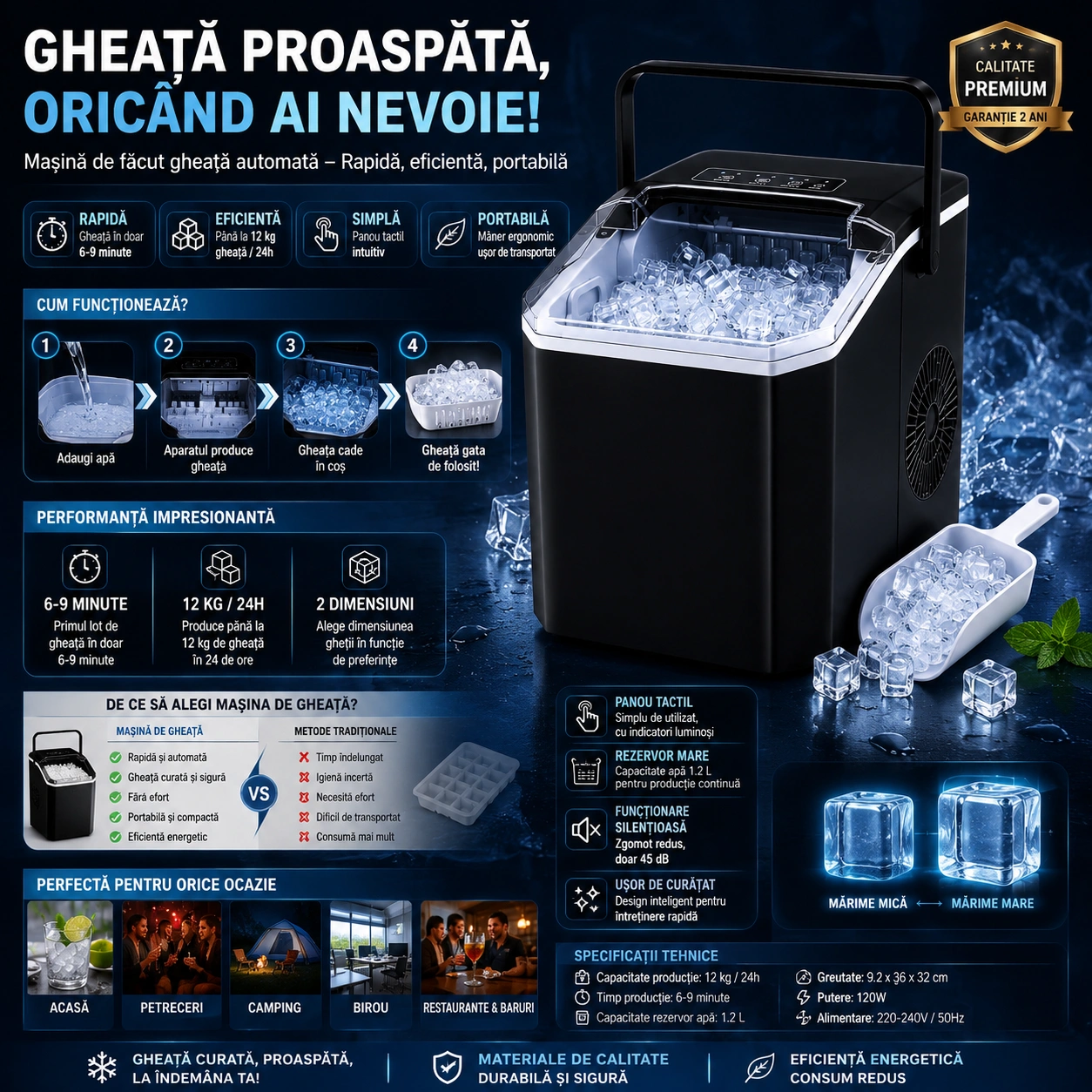 Mașină de făcut cuburi de gheață portabilă, 12 kg/24h, producție rapidă în 6-8 minute, capacitate 1.3 kg, rezervor mare de apă, operare silențioasă, panou tactil, autocurățare, consum redus de energie, ideală pentru casă, birou, camping și petreceri - imagine 2