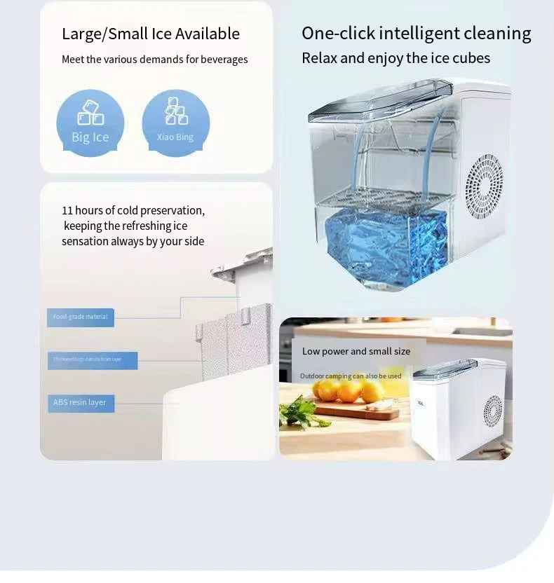 Mașină de făcut cuburi de gheață portabilă, 12 kg/24h, producție rapidă în 6-8 minute, capacitate 1.3 kg, rezervor mare de apă, operare silențioasă, panou tactil, autocurățare, consum redus de energie, ideală pentru casă, birou, camping și petreceri - imagine 8