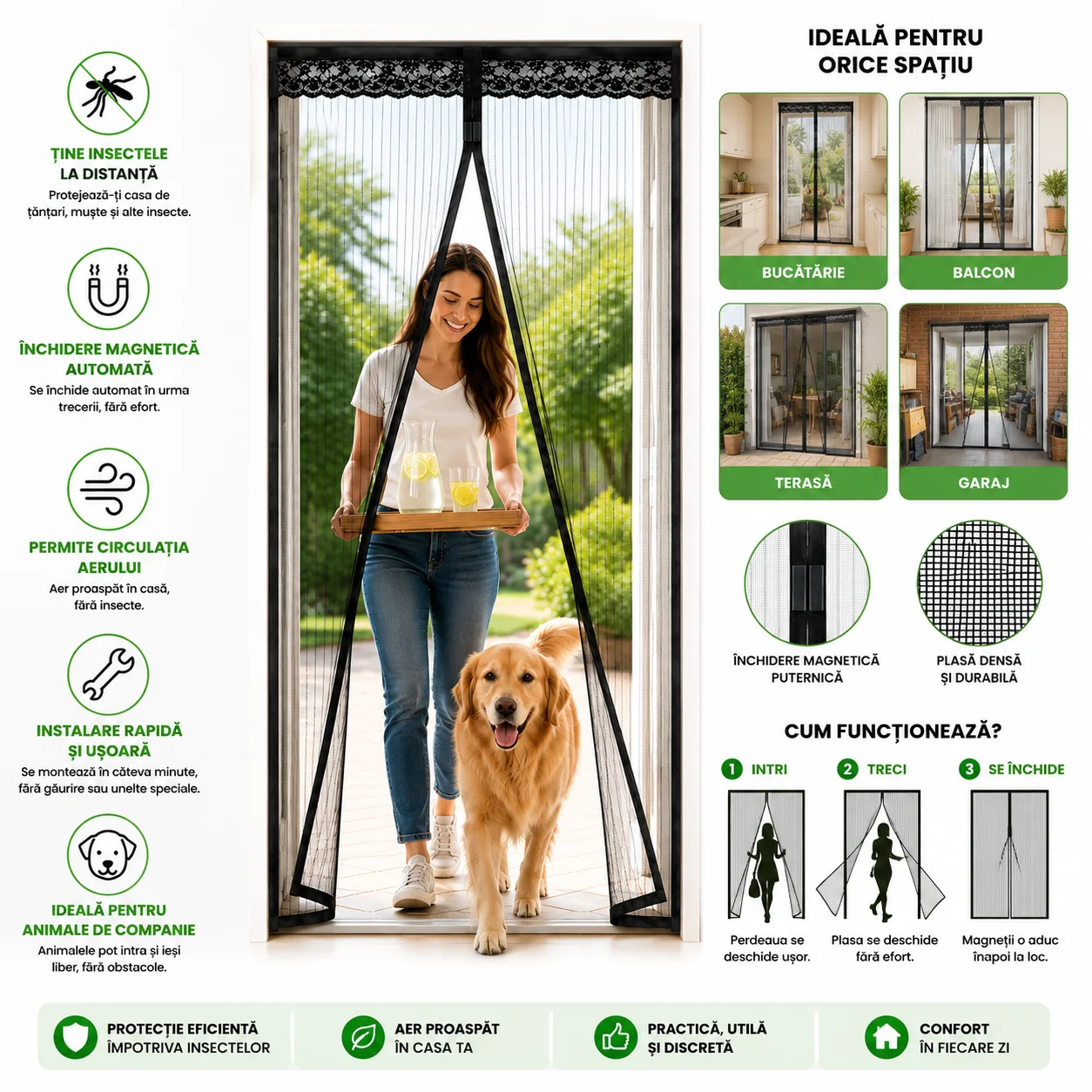 Plasă Magnetică Anti-Insecte pentru Ușă 210x100 cm Închidere Automată cu Magneți, Montaj Rapid Fără Găurire, Protecție împotriva Țânțarilor și Muștelor, Ideală pentru Balcon, Terasă și Animale de Companie - imagine 2