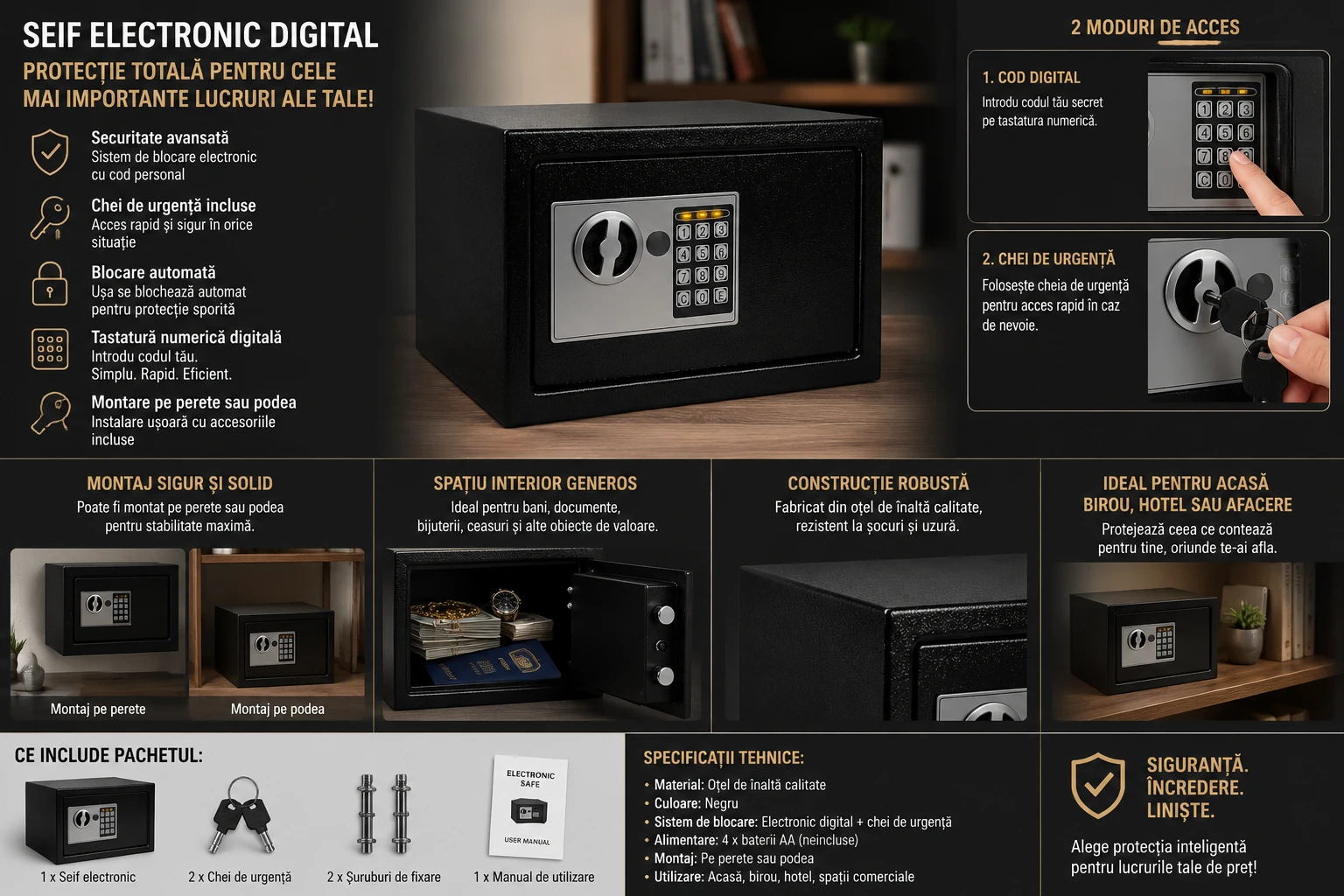 Seif Metalic Electronic Digital cu Tastatură Numerică și Chei de Urgență, Sistem de Blocare Automat, Montare pe Perete sau Podea, Cutie de Valori pentru Bani, Documente și Bijuterii, Negru - imagine 2