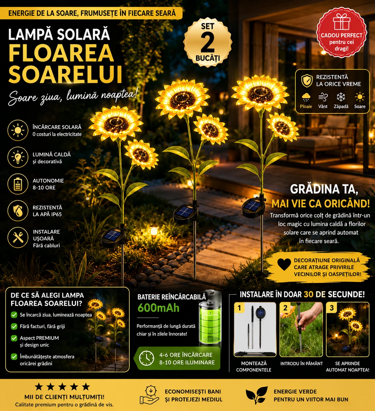 Set 2X Lămpi Solare Decorative Floarea Soarelui, Iluminare Caldă și Elegantă pentru Grădină, Terasă și Alei, Flori Luminoase cu Încărcare Solară și Aprindere Automată - imagine 2
