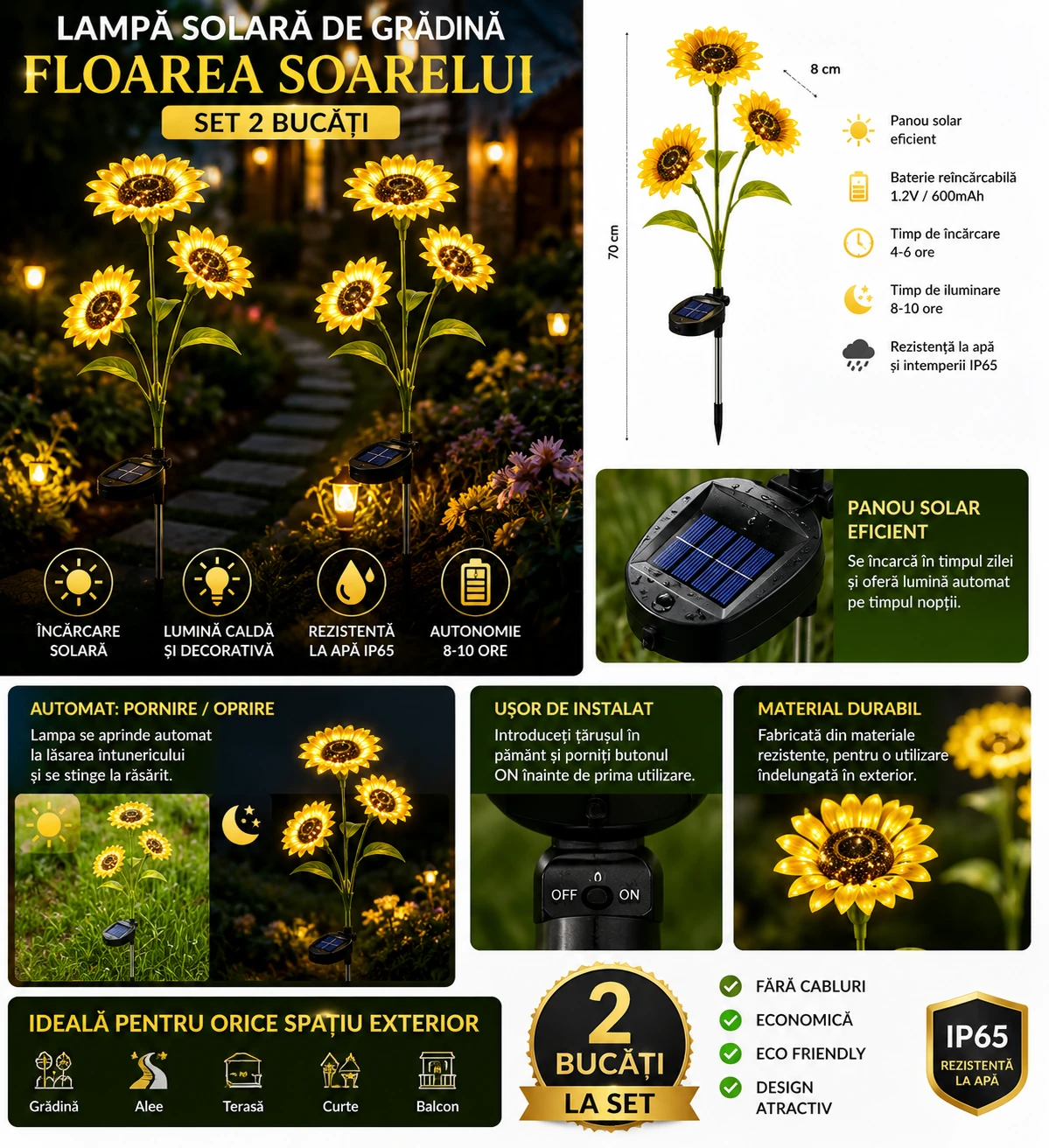 Set 2X Lămpi Solare Decorative Floarea Soarelui, Iluminare Caldă și Elegantă pentru Grădină, Terasă și Alei, Flori Luminoase cu Încărcare Solară și Aprindere Automată - imagine 3