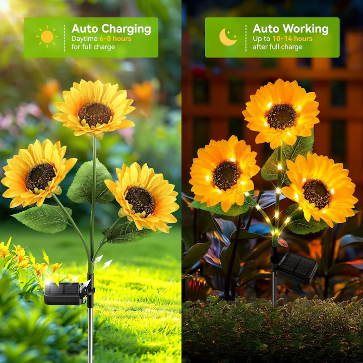 Set 2X Lămpi Solare Decorative Floarea Soarelui, Iluminare Caldă și Elegantă pentru Grădină, Terasă și Alei, Flori Luminoase cu Încărcare Solară și Aprindere Automată - imagine 8