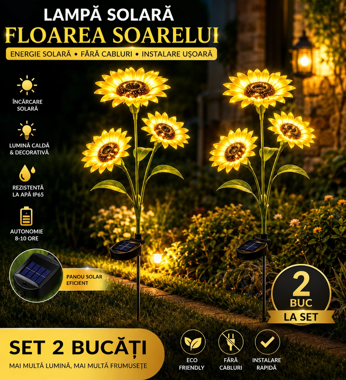 set 2x lampi solare decorative floarea soarelui