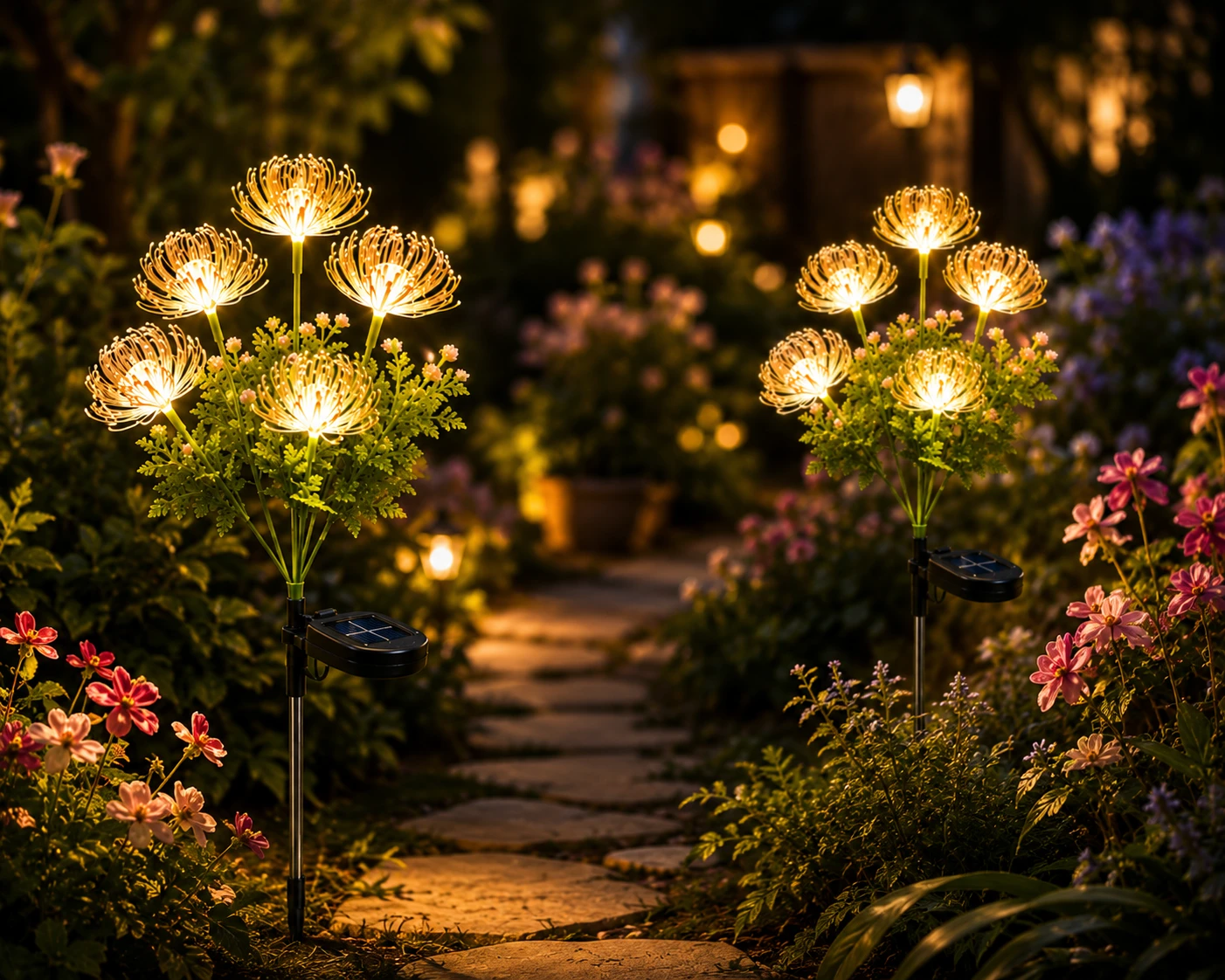 Set 2X Lămpi Solare Decorative Tip Crizantemă LED, Iluminare Caldă pentru Grădină, Terasă și Alei, Încărcare Solară Automată, Rezistente la Apă IP65, Flori Luminoase pentru Decor Exterior - imagine 4
