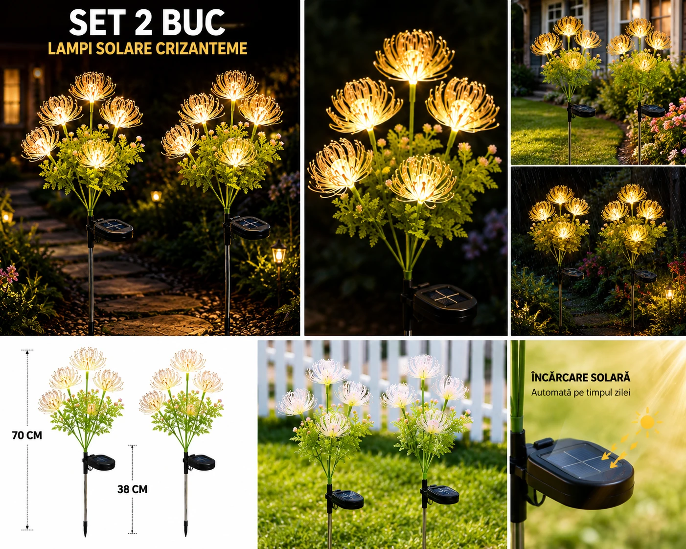 Set 2X Lămpi Solare Decorative Tip Crizantemă LED, Iluminare Caldă pentru Grădină, Terasă și Alei, Încărcare Solară Automată, Rezistente la Apă IP65, Flori Luminoase pentru Decor Exterior - imagine 3