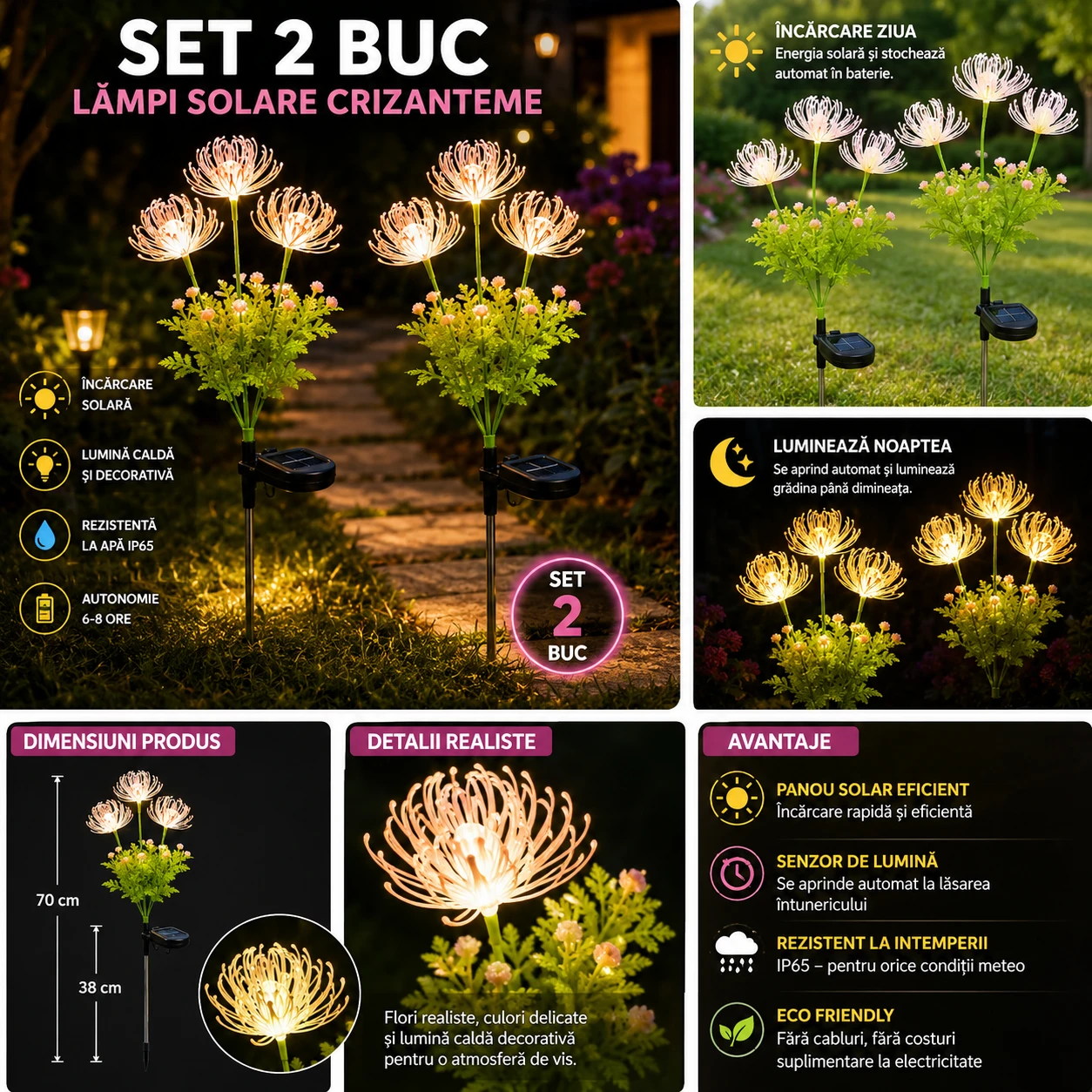 Set 2X Lămpi Solare Decorative Tip Crizantemă LED, Iluminare Caldă pentru Grădină, Terasă și Alei, Încărcare Solară Automată, Rezistente la Apă IP65, Flori Luminoase pentru Decor Exterior - imagine 2