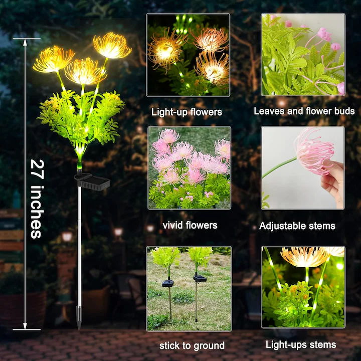 Set 2X Lămpi Solare Decorative Tip Crizantemă LED, Iluminare Caldă pentru Grădină, Terasă și Alei, Încărcare Solară Automată, Rezistente la Apă IP65, Flori Luminoase pentru Decor Exterior - imagine 5