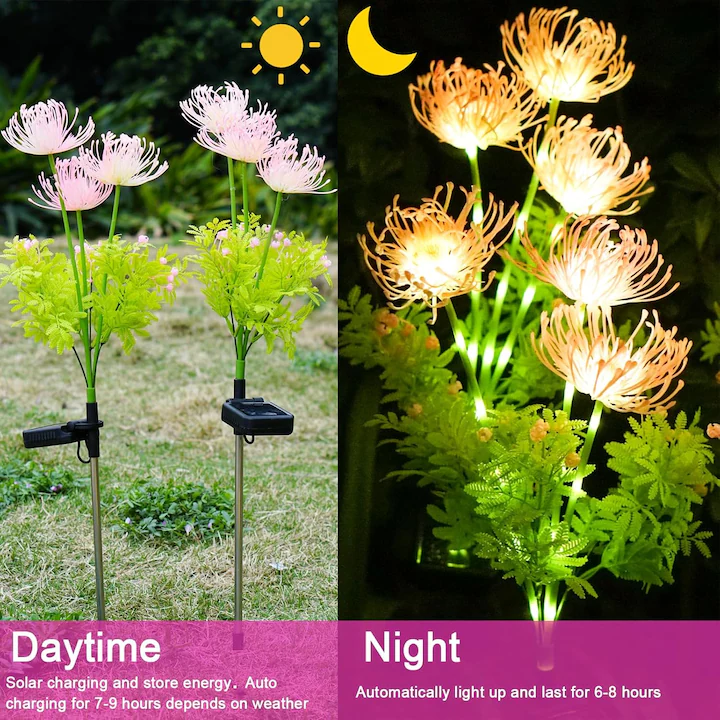 Set 2X Lămpi Solare Decorative Tip Crizantemă LED, Iluminare Caldă pentru Grădină, Terasă și Alei, Încărcare Solară Automată, Rezistente la Apă IP65, Flori Luminoase pentru Decor Exterior - imagine 7