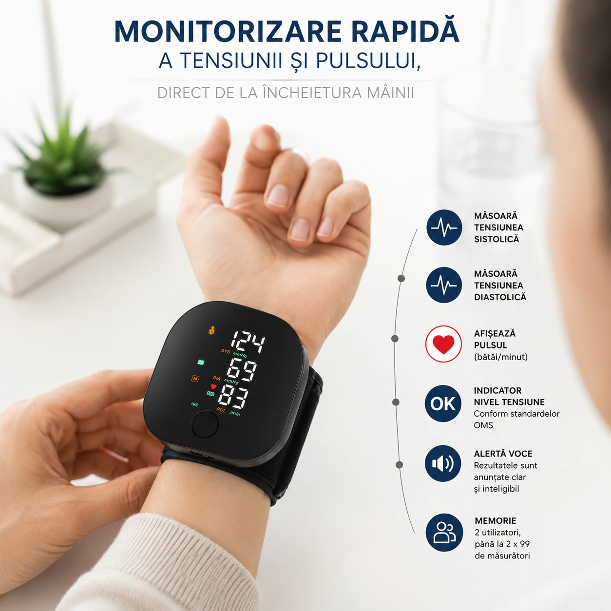 Tensiometru Digital de Încheietură Inteligent cu Ecran LED, Măsurare Tensiune Arterială și Puls, Indicator Hipertensiune, Memorie pentru 2 Utilizatori, Alertă Vocală, Compact și Portabil, Negru - imagine 2