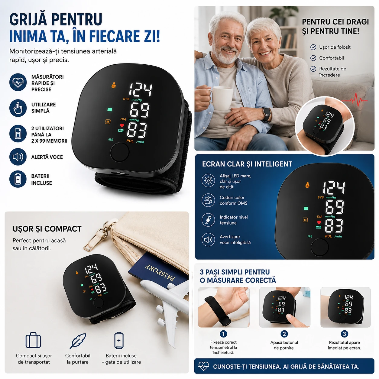 Tensiometru Digital de Încheietură Inteligent cu Ecran LED, Măsurare Tensiune Arterială și Puls, Indicator Hipertensiune, Memorie pentru 2 Utilizatori, Alertă Vocală, Compact și Portabil, Negru - imagine 4