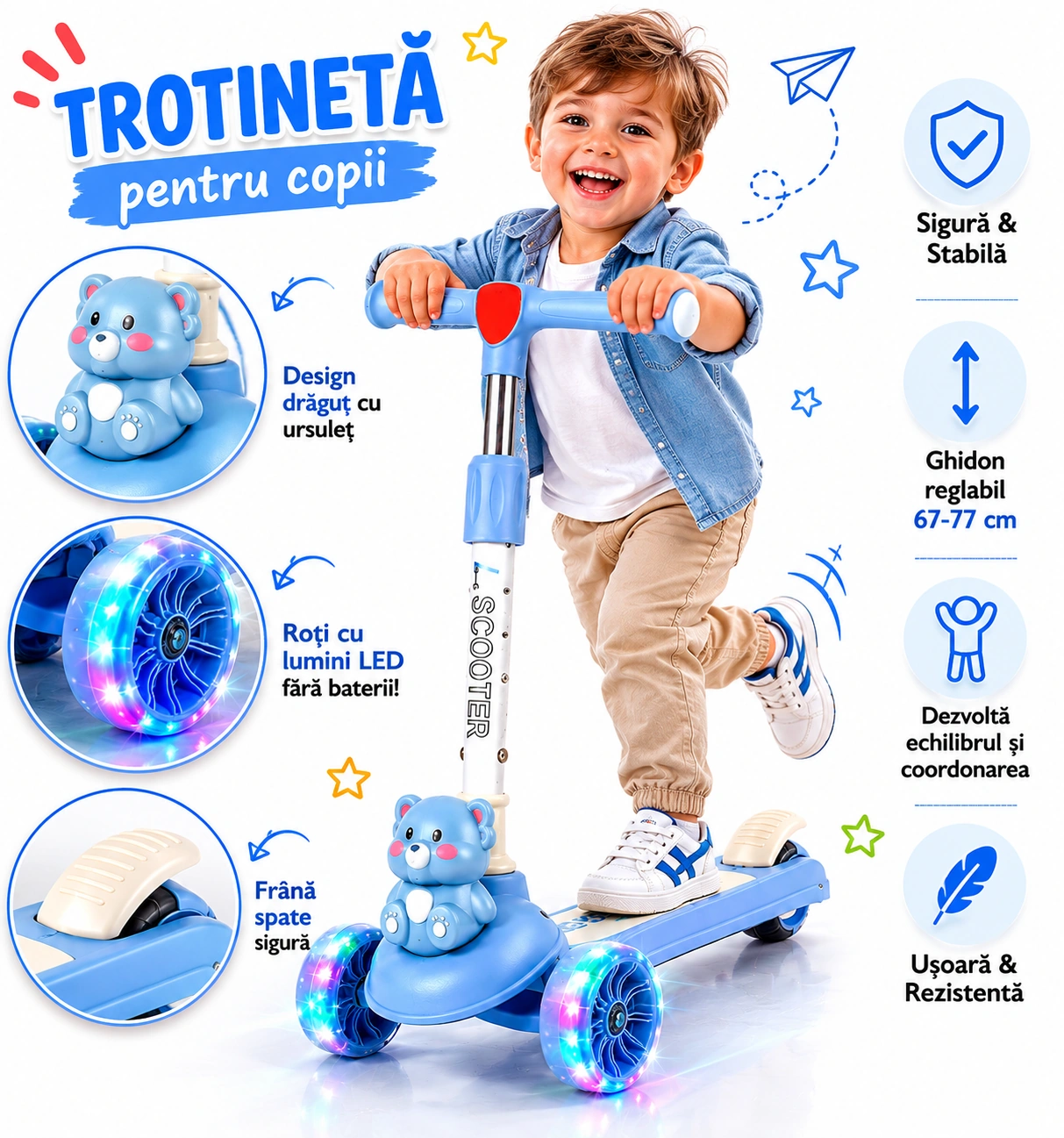 1+1 GRATIS Trotinetă pentru Copii cu Lumini LED, 3 Roți Ghidon Reglabil Sunete Muzicale și Frână Spate, Antiderapantă, Pliabila Stabilă și Ușoară, 2-8 Ani Albastra - imagine 2