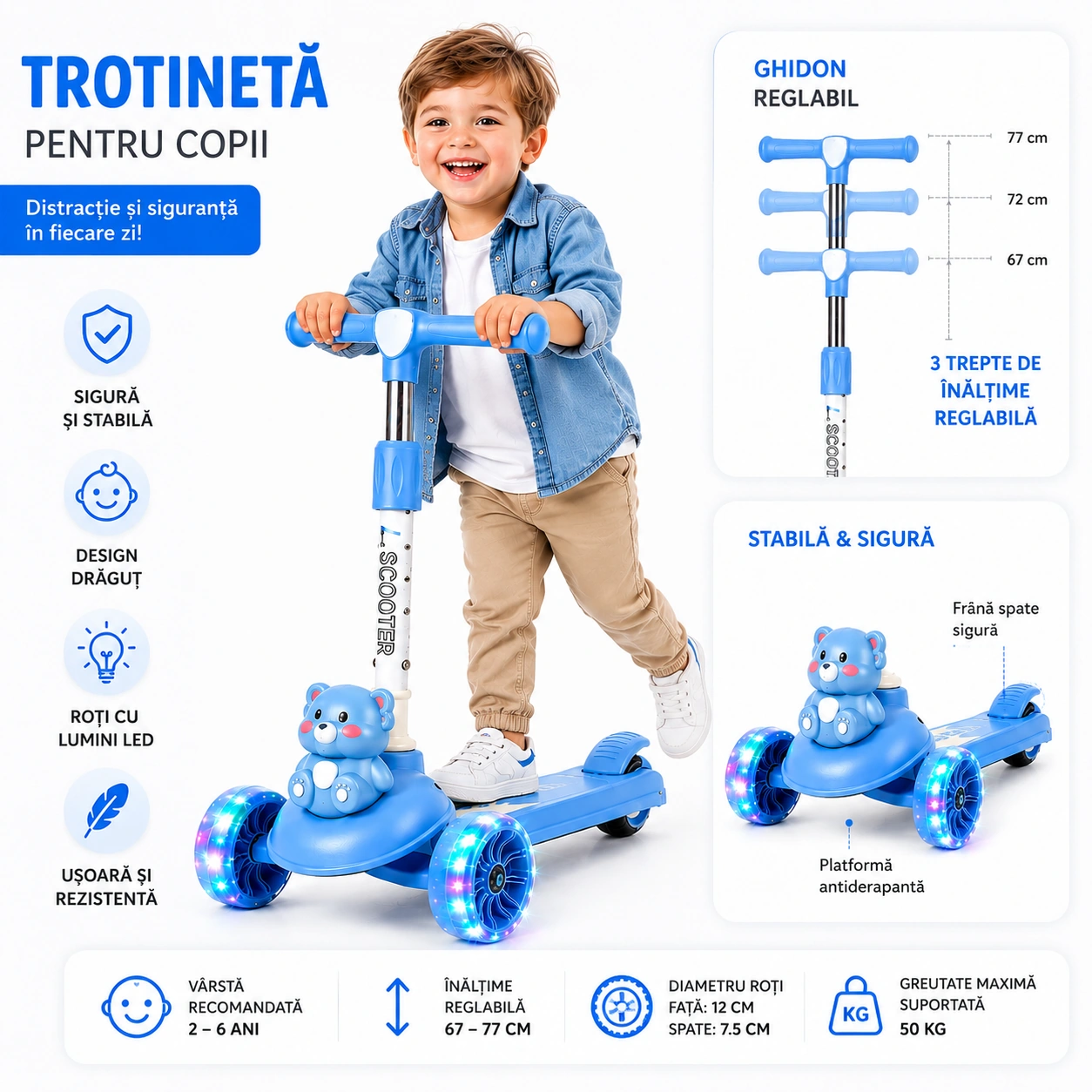 1+1 GRATIS Trotinetă pentru Copii cu Lumini LED, 3 Roți Ghidon Reglabil Sunete Muzicale și Frână Spate, Antiderapantă, Pliabila Stabilă și Ușoară, 2-8 Ani Albastra - imagine 6