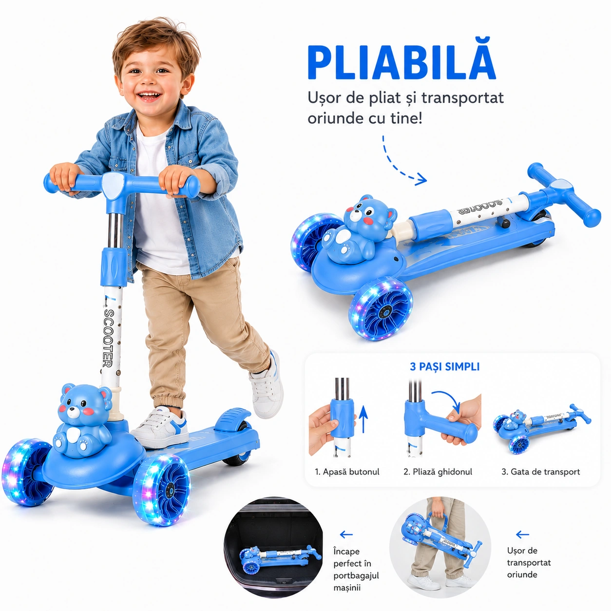 1+1 GRATIS Trotinetă pentru Copii cu Lumini LED, 3 Roți Ghidon Reglabil Sunete Muzicale și Frână Spate, Antiderapantă, Pliabila Stabilă și Ușoară, 2-8 Ani Albastra - imagine 3