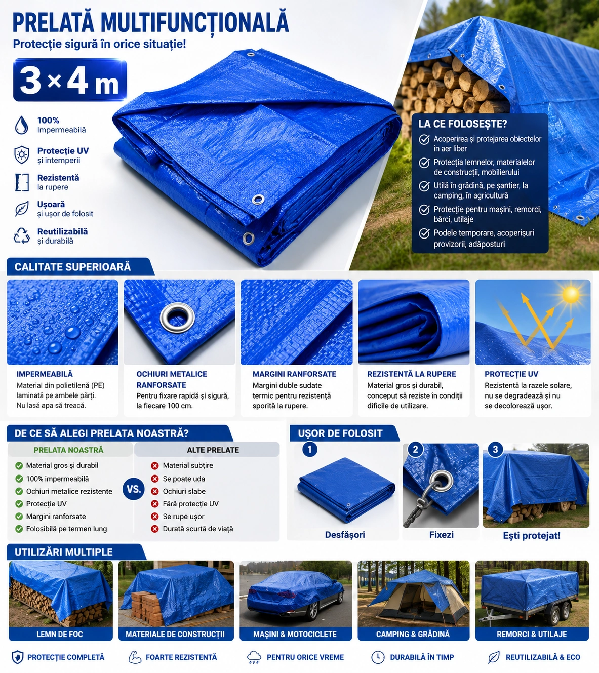 1+1 Gratis Prelată Impermeabilă 3x4 m pentru Protecție Exterior, Rezistentă la Ploaie, Soare, Vânt și Zăpadă, cu Inele Metalice de Fixare și Margini Întărite, Ideală pentru Lemne, Mobilier, Remorcă, Mașină, Grădină - imagine 3