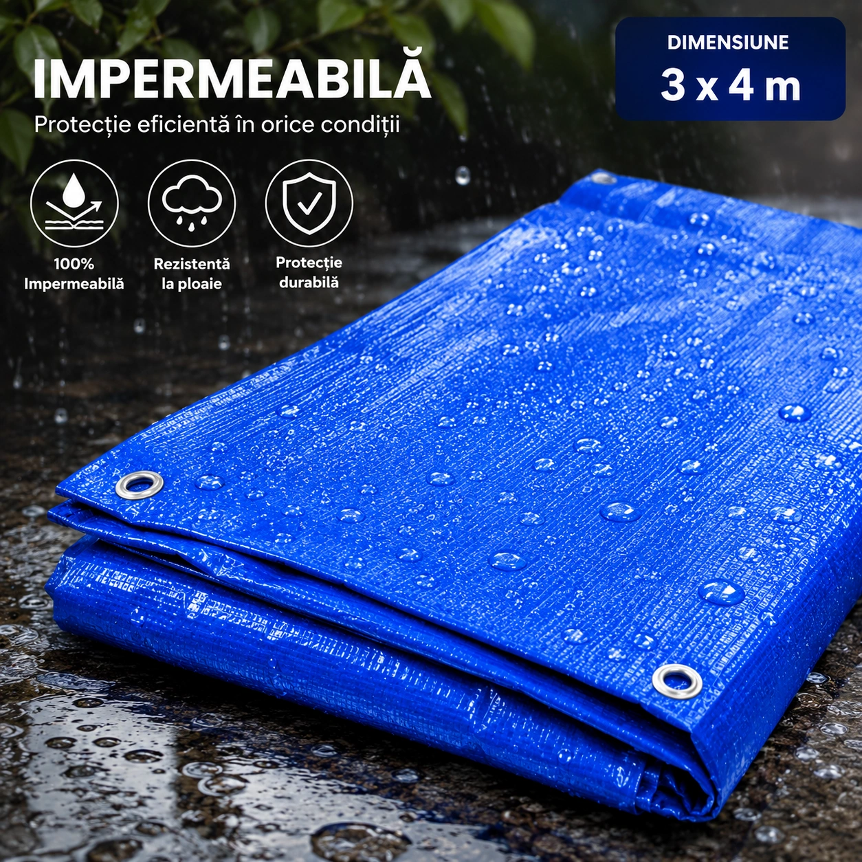 1+1 Gratis Prelată Impermeabilă 3x4 m pentru Protecție Exterior, Rezistentă la Ploaie, Soare, Vânt și Zăpadă, cu Inele Metalice de Fixare și Margini Întărite, Ideală pentru Lemne, Mobilier, Remorcă, Mașină, Grădină - imagine 2