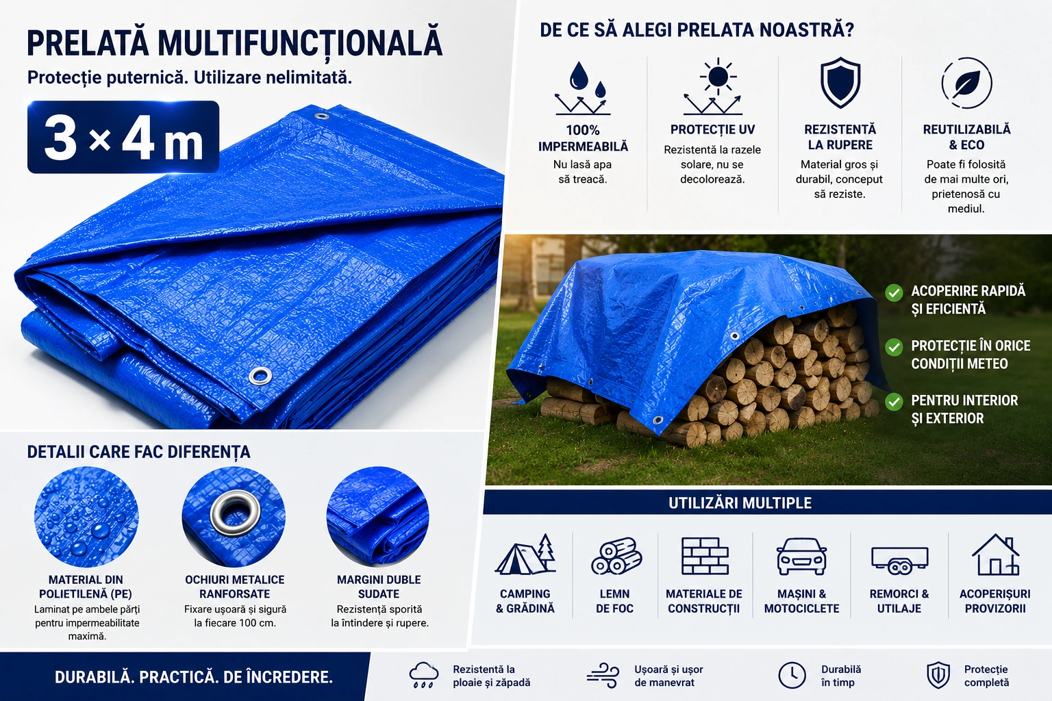 1+1 Gratis Prelată Impermeabilă 3x4 m pentru Protecție Exterior, Rezistentă la Ploaie, Soare, Vânt și Zăpadă, cu Inele Metalice de Fixare și Margini Întărite, Ideală pentru Lemne, Mobilier, Remorcă, Mașină, Grădină - imagine 4