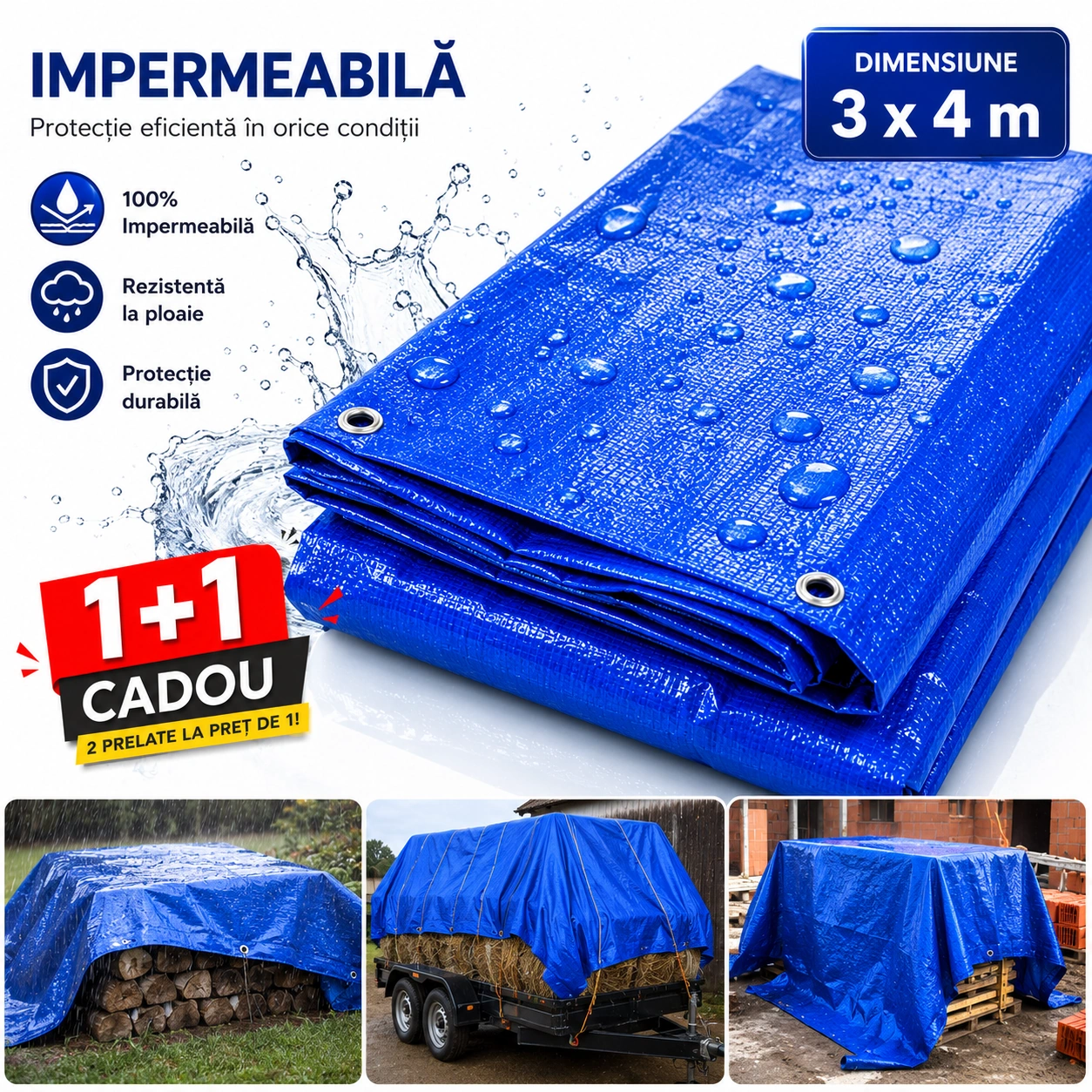 1+1 Gratis Prelată Impermeabilă 3x4 m pentru Protecție Exterior, Rezistentă la Ploaie, Soare, Vânt și Zăpadă, cu Inele Metalice de Fixare și Margini Întărite, Ideală pentru Lemne, Mobilier, Remorcă, Mașină, Grădină - imagine 5