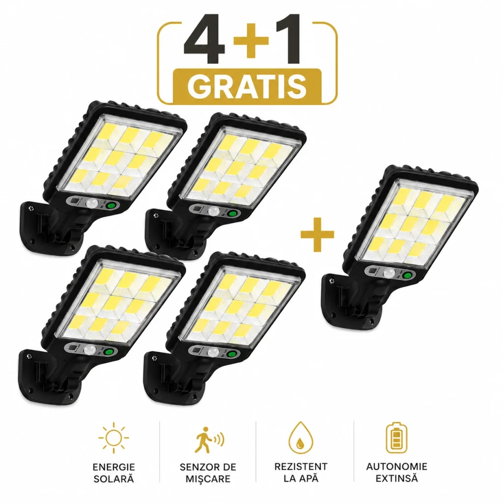 4+1 gratis lampa solara dasgut 160w 80 led cob 3500 lumeni 9 celule