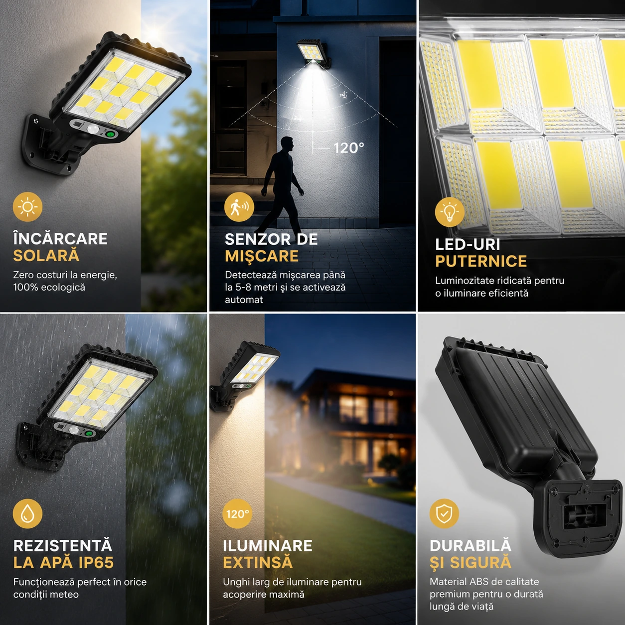 4+1 GRATIS Lampă Solară Dasgut 160W cu 80 LED COB, 3500 Lumeni, 9 Celule, Senzor de Mișcare și Inducție, Telecomandă, 3 Moduri de Iluminare, IP65, Autonomie până la 10 Ore - imagine 3