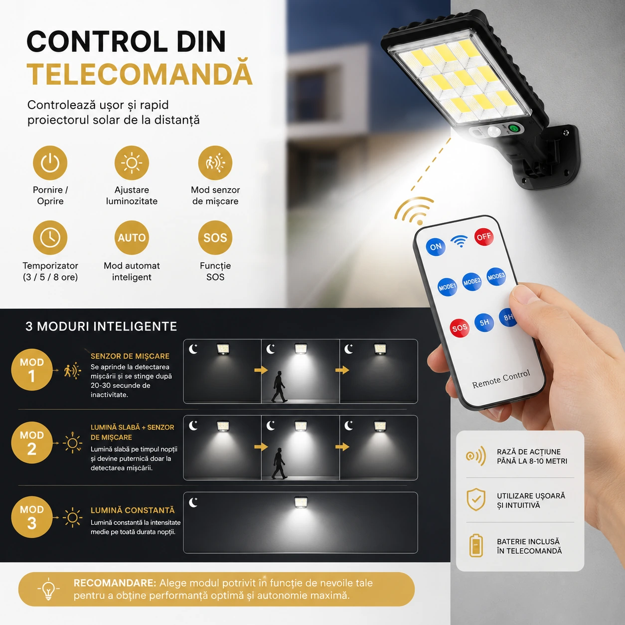 4+1 GRATIS Lampă Solară Dasgut 160W cu 80 LED COB, 3500 Lumeni, 9 Celule, Senzor de Mișcare și Inducție, Telecomandă, 3 Moduri de Iluminare, IP65, Autonomie până la 10 Ore - imagine 4