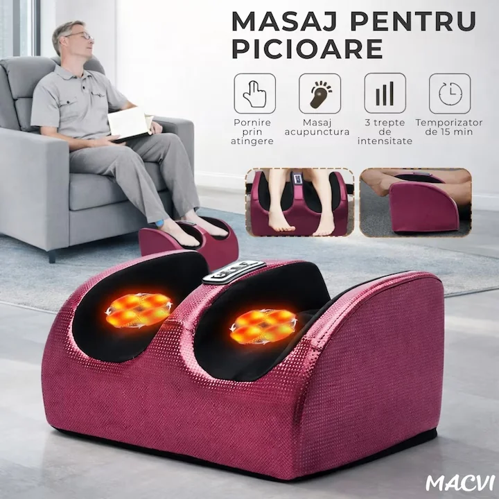 Aparat Profesional de Masaj pentru Picioare și Tălpi cu Role Shiatsu 3D, Compresie cu Aer și Funcție de Încălzire Infraroșu, 3 Trepte de Intensitate, Relaxare Profundă, Stimulează Circulația Sângelui, Reduce Durerile și Oboseala, Ideal pentru Acasă și Birou - imagine 6