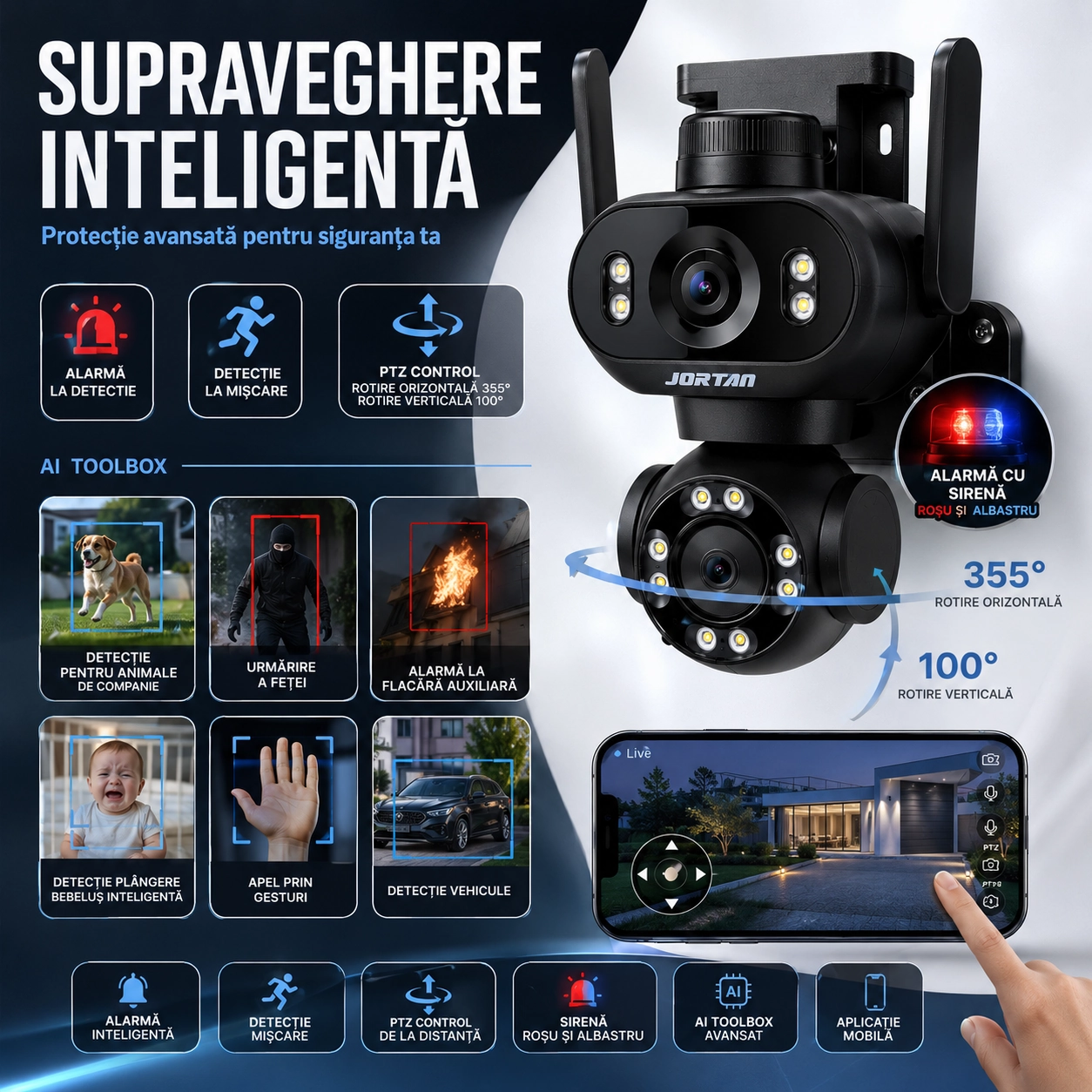 Cameră de Supraveghere WiFi JORTAN Pro 8MP Dual Lens, 4K Rotire 360°, Vedere Nocturnă Color, inteligenta de urmarire, Audio Bidirecțional, Alarmă Sirenă, Detectare Mișcare, IP66, Card 32GB Si Cablu 5M Cadou - imagine 3