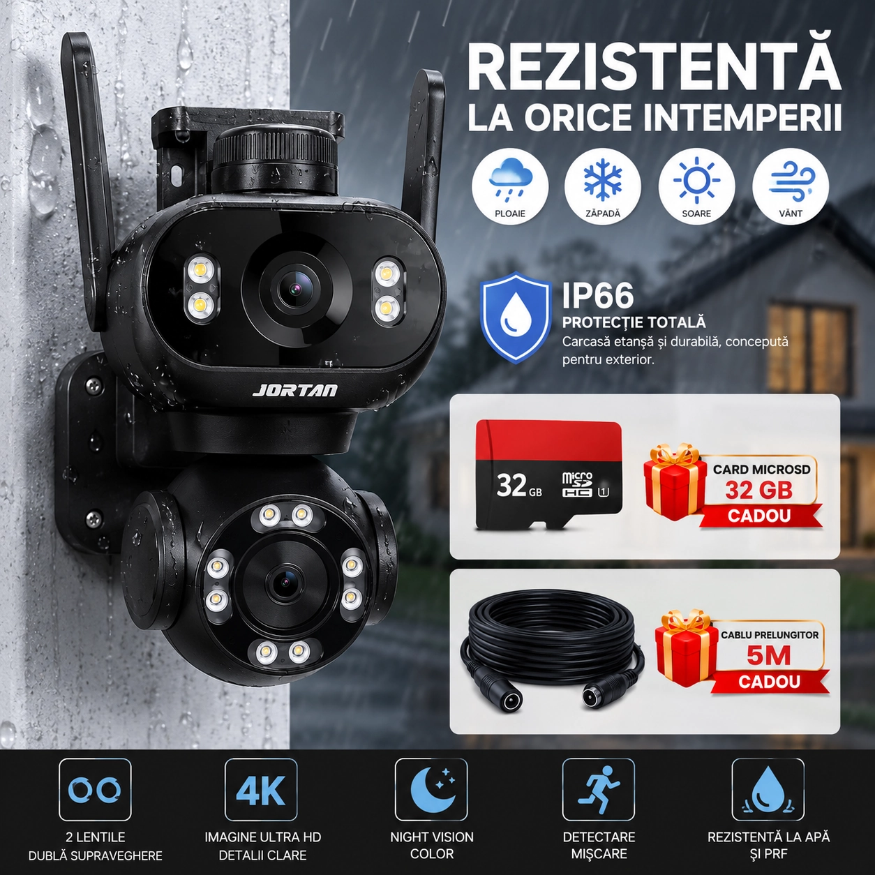 Cameră de Supraveghere WiFi JORTAN Pro 8MP Dual Lens, 4K Rotire 360°, Vedere Nocturnă Color, inteligenta de urmarire, Audio Bidirecțional, Alarmă Sirenă, Detectare Mișcare, IP66, Card 32GB Si Cablu 5M Cadou - imagine 5