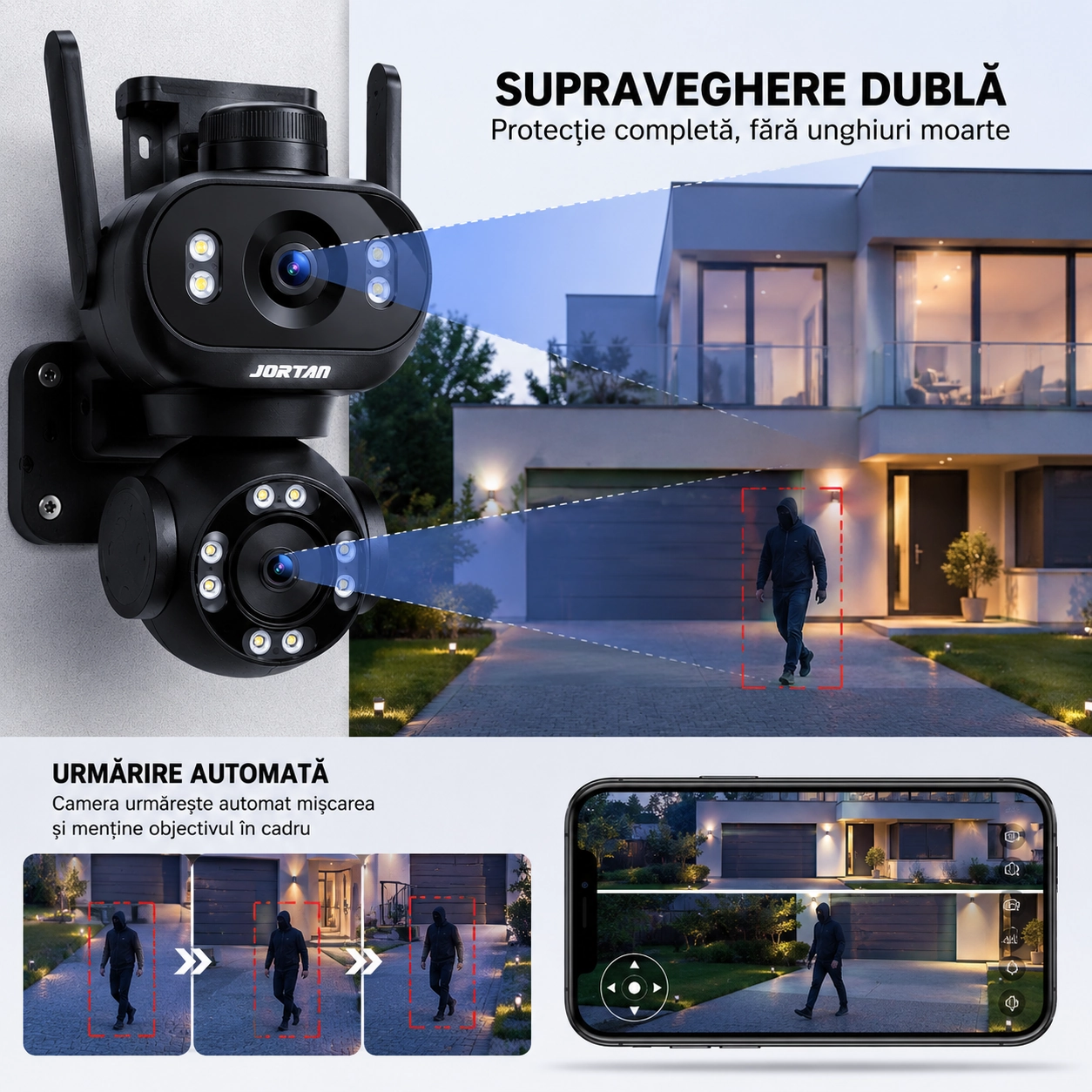 Cameră de Supraveghere WiFi JORTAN Pro 8MP Dual Lens, 4K Rotire 360°, Vedere Nocturnă Color, inteligenta de urmarire, Audio Bidirecțional, Alarmă Sirenă, Detectare Mișcare, IP66, Card 32GB Si Cablu 5M Cadou - imagine 2
