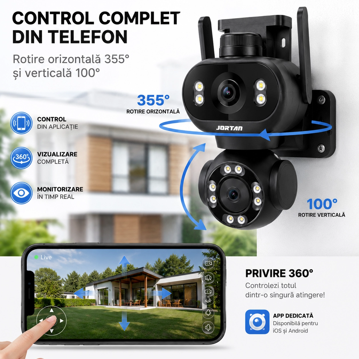 Cameră de Supraveghere WiFi JORTAN Pro 8MP Dual Lens, 4K Rotire 360°, Vedere Nocturnă Color, inteligenta de urmarire, Audio Bidirecțional, Alarmă Sirenă, Detectare Mișcare, IP66, Card 32GB Si Cablu 5M Cadou - imagine 4
