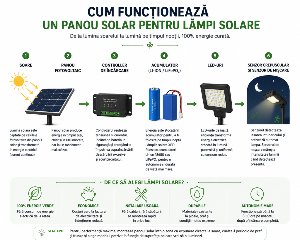 infografic cum functioneaza o lampa cu panou solar