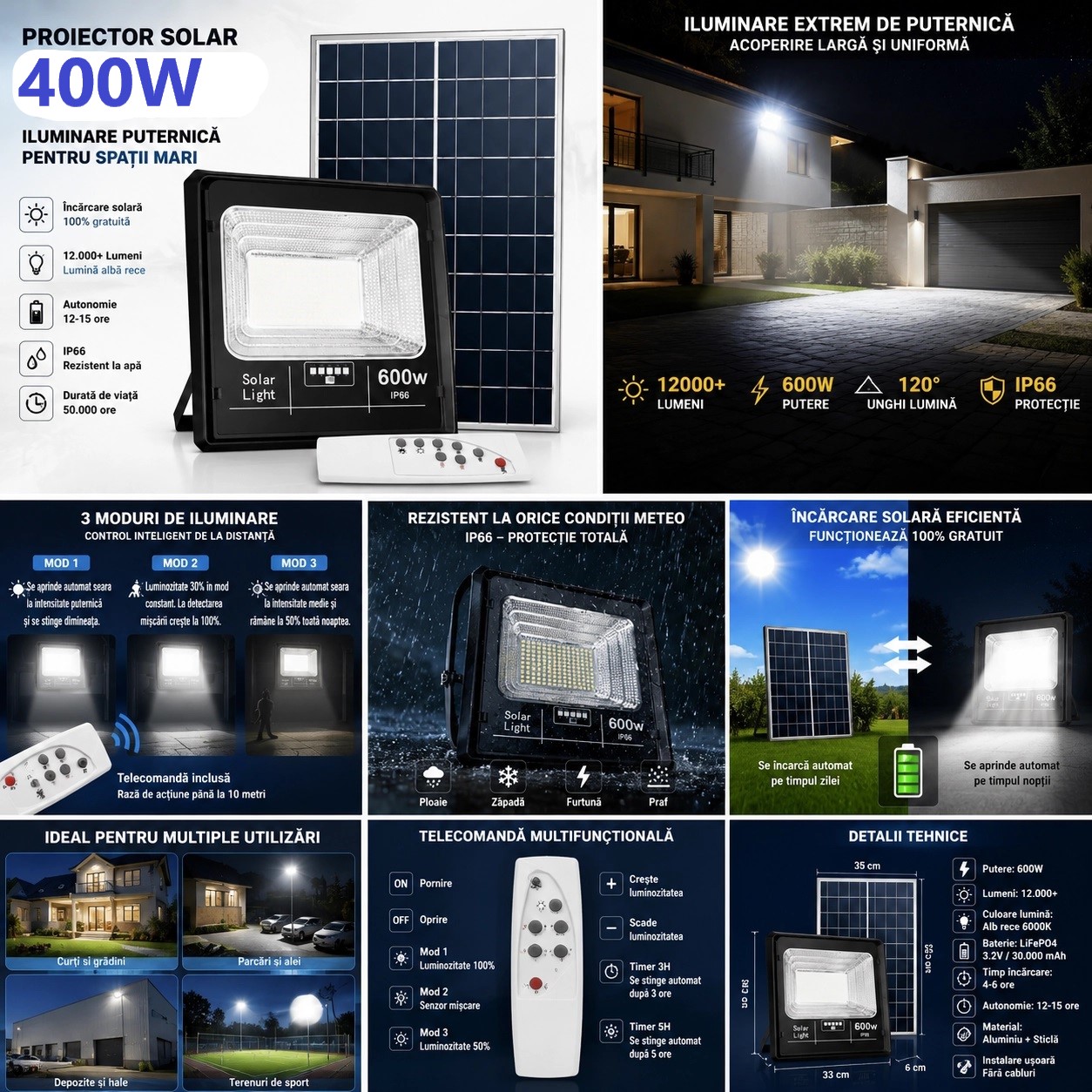 Proiector cu Panou Solar LED 400W, 7000 Lumeni, IP66, Telecomandă și Senzor de Lumină, Lampă Solară pentru Iluminat Exterior, Curte, Grădină, Parcare, Alei și Stradă - imagine 3