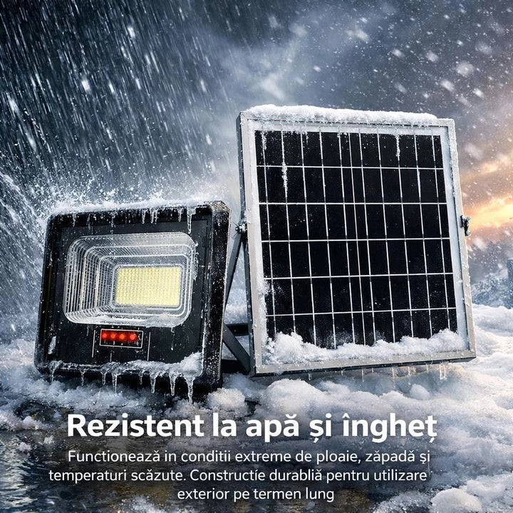 Proiector cu Panou Solar LED 400W, 7000 Lumeni, IP66, Telecomandă și Senzor de Lumină, Lampă Solară pentru Iluminat Exterior, Curte, Grădină, Parcare, Alei și Stradă - imagine 10