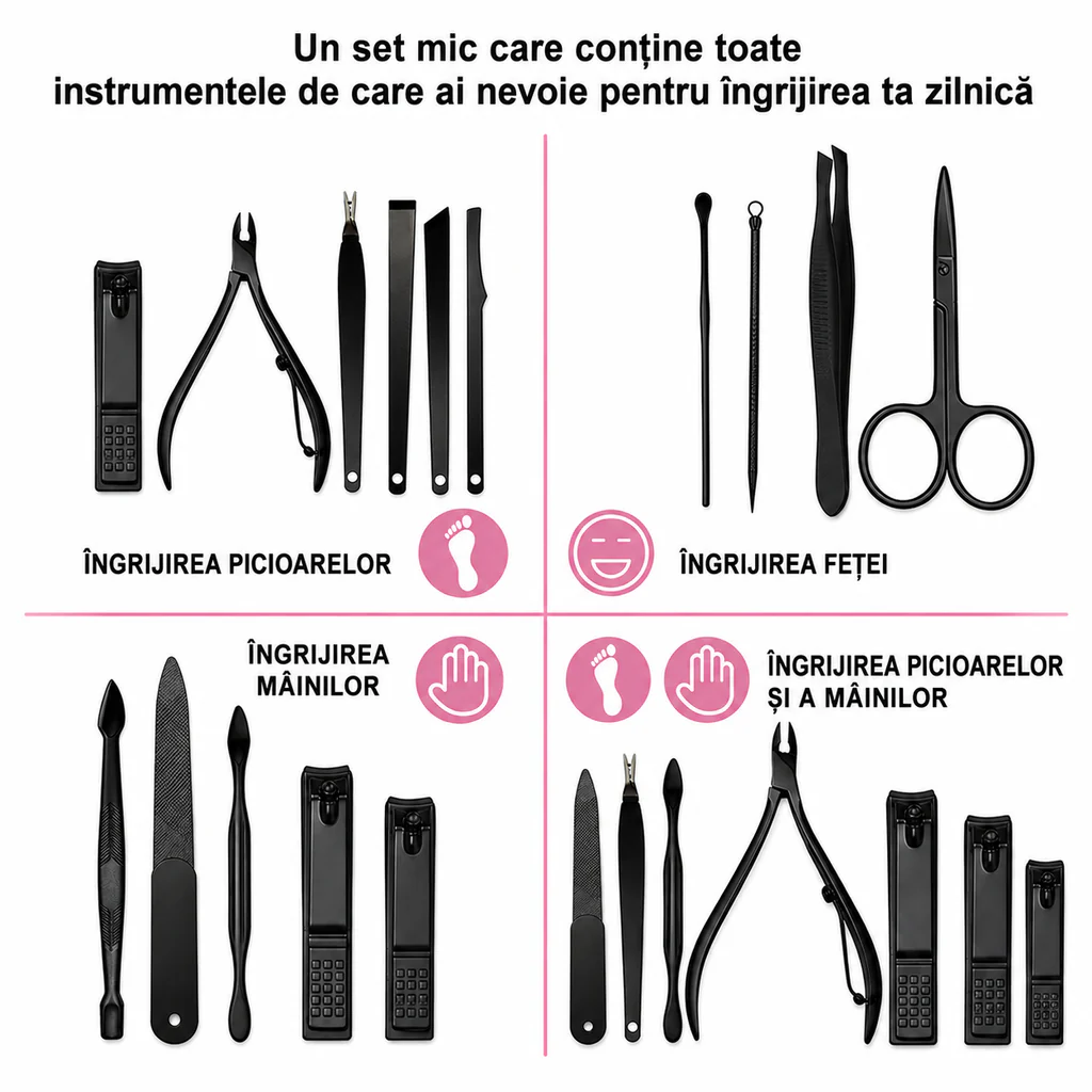 Set Manichiură și Pedichiură Profesional 16 Piese, Oțel Inoxidabil, Trusă Îngrijire Unghii cu Husă Elegantă din Piele, Kit pentru Acasă și Călătorii, Cadou pentru Femei și Bărbați - imagine 4